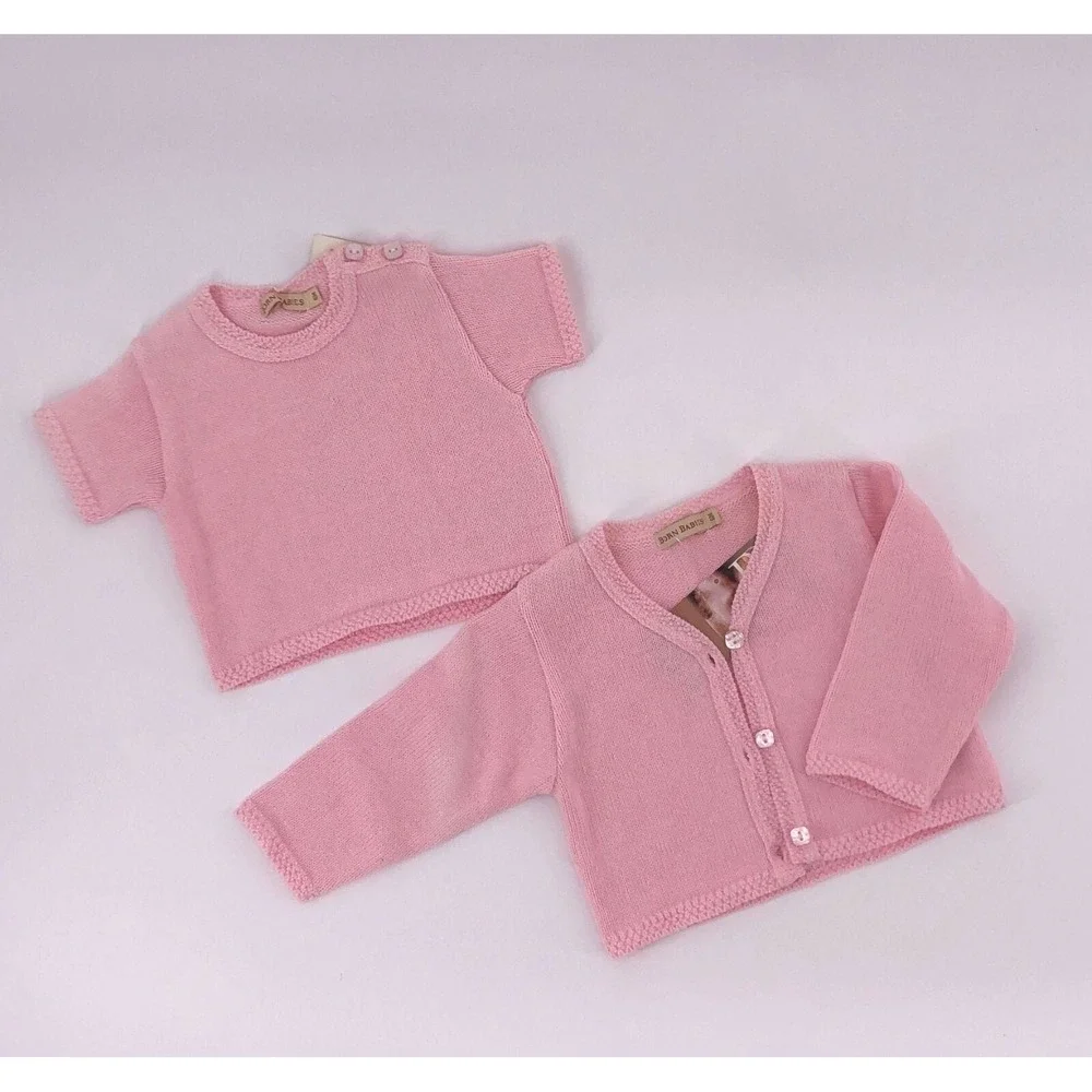 New 6 Mo Pink Short Sleeve Sweater & Cardigan Set Detailed Trim w Square Buttons